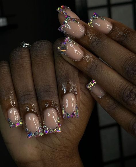 Short Diamond French Tip Nails, Silver Bling Nails, Prom 2k24, Silver Acrylic Nails, Short Acrylics, Acrylic Nail Set, Hard Nails, Duck Nails, Light Nails