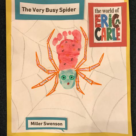 Eric Carle Spider Craft, Spider Footprint Art, Eric Carle Art For Toddlers, Eric Carle Art Projects For Kids, Eric Carle Crafts For Toddlers, Eric Carle Activities Preschool, Handprints Art, Eric Carle Classroom Decor, Insects Crafts