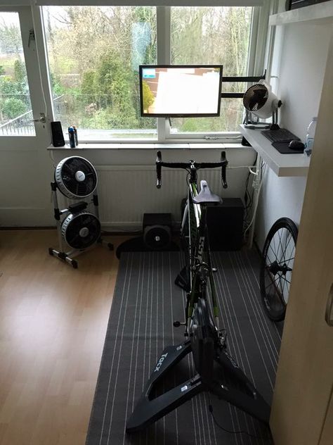 Cycle Room At Home, Turbo Trainer Setup, Turbo Trainer Room, Cycling Interior Design, Bike Trainer Room, Triathlon Home Gym, Home Cycling Room, Bike Trainer Setup, Cycling Room Ideas