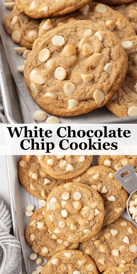 These white chocolate chip cookies are made from the base of my popular chocolate chip cookies (which have tons of five-star reviews). They stay thick and chewy AND you don’t have to chill the dough! Cholate Chip Cookies, Heath Cookies, White Choc Chip Cookies, Chocolate Chip Recipe, White Chocolate Peppermint Bark, Best White Chocolate, Chip Recipe, Popular Desserts Recipes, Brown Butter Cookies