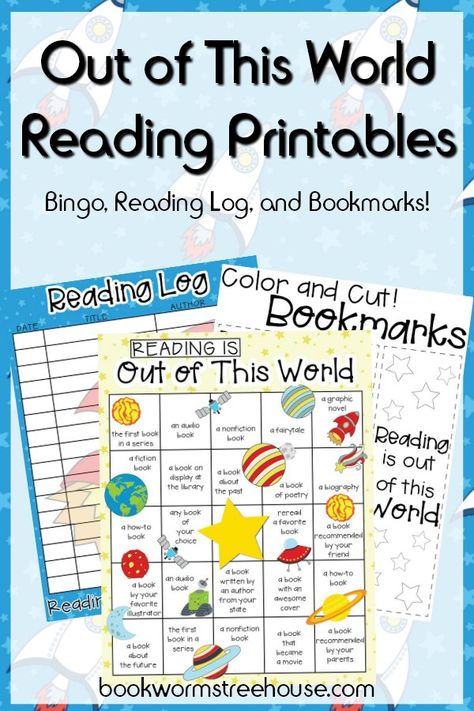 Get your kids excited about reading with these Space themed Reading Log, BINGO game and Bookmarks! :: www.thriftyhomeschoolers.com Space Themed Reading Activities, Space Literacy Night, Reading Is Out Of This World Theme, Family Reading Night Themes, Space Themed Literacy Night, Reading Night Themes, Reading Is Out Of This World, Read A Thon Themes, Literacy Week