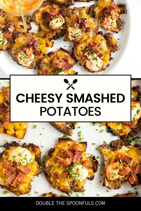 These cheesy smashed potatoes are buttery, crisp, and topped with all the fun loaded baked potato favorites! If you're a fan of potato skins or any crispy potato that incorporates some cheese then you will love this easy version which would make for the perfect addition to your game day recipes. Cheddar Potatoes, Rustic Recipes, Mini Appetizers, Creamed Potatoes, Smashed Potatoes, Savory Appetizer, Crispy Potatoes, Bacon Cheddar, Bacon Cheese