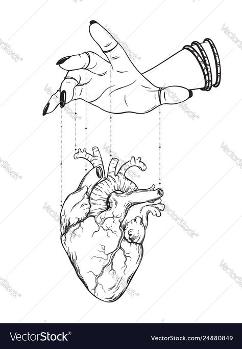 Puppet Master Hands, Hand Holding Puppet Strings Drawing, Marionette Hands Drawing, Puppet Hand Tattoo, Hand Crushing Heart Drawing, Puppet Hands Drawing, Hand Squeezing Heart Drawing, Hart Draw, Hand Holding Heart Tattoo