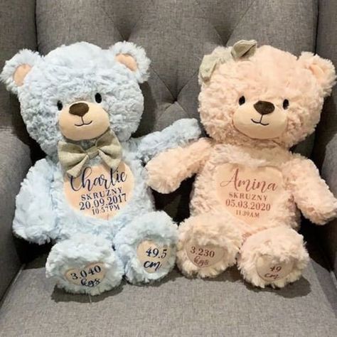 Personalised Teddy Bears Available in Blue with *Blue glitter and Blush (Pinky-peach) with rose pink glitter  (*Please note the blue glitters can vary from our range of blue glitters if there is a paricular blue glitter you would like please let me know) IMPORTANT - CHOOSE THE CORRECT PERSONALISATION TYPE to avoid problems/cancellations -  -NAME ONLY  OR  -NAME AND BIRTH DATE - BIRTH DETAILS ETC OR -CUSTOM - PLEASE CONTACT US TO SEE IF YOUR CUSTOMISATION CAN BE DONE Personalise with birth details, Name Only, or Name and birth date if you require other personalisation like baptism or memorial please message me (I just have to make sure the information fits correctly)  Perfect for a newborn keepsake gift and first birthday.  Sit at 31cm Tall Check out @TheKeepsakeQueen on instagram for more Personalised Teddy Bears, Baby Boy Gift, Cricut Projects Beginner, Birth Details, 1st Birthday Gifts, Baby Boy Gifts, Blue Glitter, Keepsake Gift