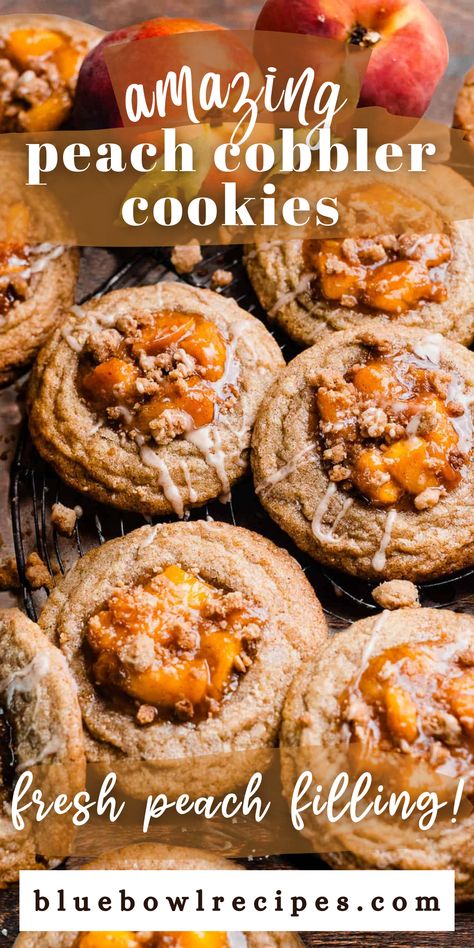 Peach Cobbler Cookies, Cobbler Cookies, Peach Filling, Spiced Cookies, Peach Cookies, July Recipes, Vanilla Glaze, Gourmet Cookies, Peach Recipe