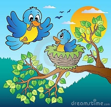 Birds and Flowers Clip Art | Two blue birds with tree branch - vector illustration. Birds On Tree Drawing, Tree Drawing For Kids, Scenery Drawing For Kids, Branch Vector, School Wall Art, School Painting, Cartoon Birds, Blue Birds, Tree Drawing