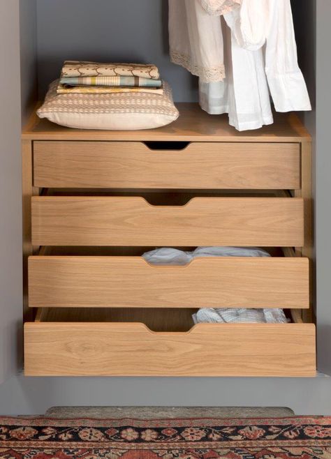 Chest Of Drawers In Wardrobe, Cupboard Drawers Ideas, Drawers In Wardrobe, Oak Wardrobe Bedroom, Wardrobe Drawer Design, Drawer Design Bedroom, Oak Drawers, Wardrobe With Drawers, Freestanding Wardrobe