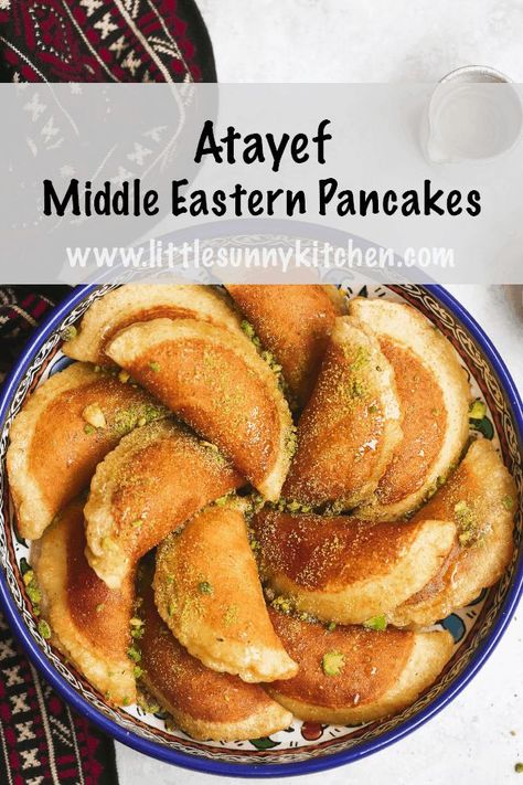 Kanafah Recipe, Gluten Free Middle Eastern Recipes, Vegan Arabic Food, Qatayef Recipe, Easy Middle Eastern Desserts, Gluten Free Middle Eastern Dessert, Katayef Recipe, Atayef Recipe, Lebanese Sfeeha