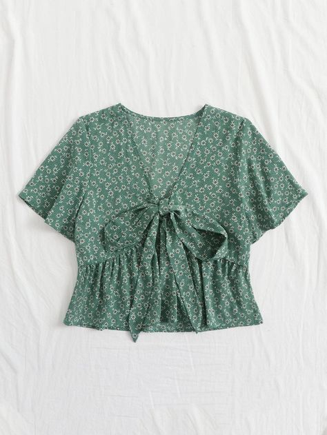 Knot Front Ditsy Floral Ruffle Hem Blouse | SHEIN USA Sleeveless Top Outfit, Green Top Outfit, Myanmar Clothes, Batwing Blouse, Batwing Sleeve Blouse, Printed Peplum Top, Crop Top Designs, Frock For Women, Myanmar Dress Design