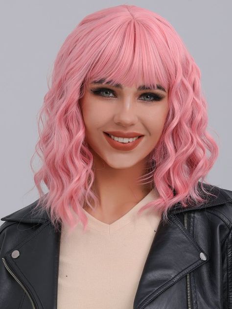 Pink Wig With Bangs, Blue And Pink Hair, Pastel Wig, Curly Synthetic Wig, Lady Lovely Locks, Bangs Wig, Medium Curls, Hair Color Pastel, Pink Wig