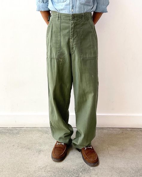 1970s Fatigue Pants available online now | Instagram Og 107 Pants Outfit, Fatigue Pants Outfit Men, Green Trousers Outfit Men, Green Trousers Outfit, 80 Pants, Trousers Outfit Men, Green Pants Men, Green Pants Outfit, Fatigue Pants