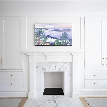 Fabric Paneled Closet Doors - Contemporary - Bedroom Grey Grasscloth Wallpaper, White Fireplace Mantels, White Stone Fireplaces, Floating Fireplace, Bedroom Built Ins, Bedroom Built In Wardrobe, Bedroom With Sitting Area, Built In Dresser, Wooden Fireplace