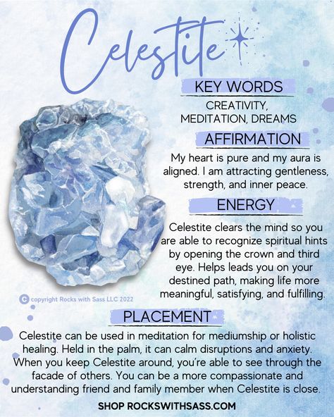 Blue Celestite Meaning, Crystal For Dreams, Stones For Creativity, Best Crystals For Meditation, Moissanite Meaning, Witch Crystals Meaning, Super Seven Crystal Meaning, Celestite Jewelry, Celestite Crystal Meaning