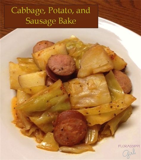 Cabbage, Potato, and Sausage Bake - with SECRET ingredient! by Florassippi Girl Smoked Sausage And Cabbage, Cabbage Sausage Potato, Sausage Cabbage Skillet, Sausage And Cabbage Skillet, Cabbage And Smoked Sausage, Potato And Sausage, Potatoes And Sausage, Sausage And Cabbage, Cabbage Skillet