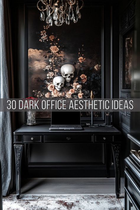 A modern gothic workspace featuring a black desk with intricate detailing, a dramatic floral skull artwork, and a crystal chandelier, offering moody office inspiration for a dark office aesthetic and home office ideas dark academia with a focus on dark and moody office modern design. Moody Office Inspiration Cozy, Moody Home Library Office, Gothic Office Ideas, Black Desk Home Office, Dark Purple Office, Home Office Ideas Dark, Office Ideas Dark, Black Desk Aesthetic, Goth Office Decor