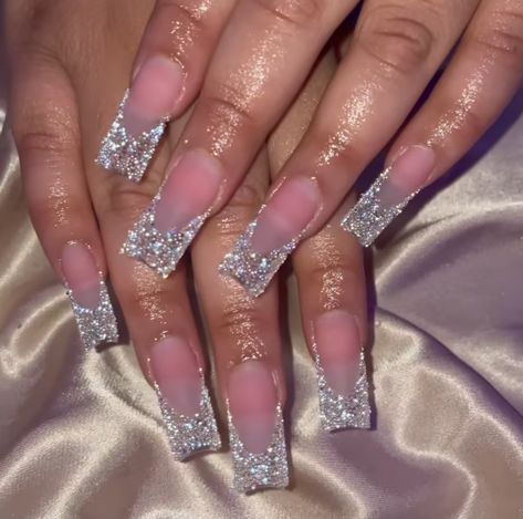 Sparkly French Tip Acrylic Nails, Cinderella Nails, Sliver Nails, French Manicure Acrylic Nails, Spring Acrylic Nails, Drip Nails, French Tip Acrylic Nails, Classy Acrylic Nails, Acrylic Nails Coffin Pink