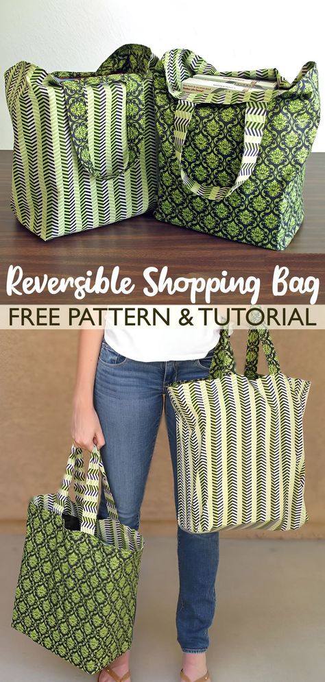 Reversible Shopping Bag Tutorial & Pattern Reversible Shopping Bag Free Pattern, Sew Shopping Bag Free Pattern, Quilted Market Bag Pattern, Homemade Shopping Bags Free Pattern, Quilted Grocery Bag Pattern, Shopping Bag Patterns Free, Free Grocery Bag Pattern, Canvas Shopping Bag Pattern, Diy Reusable Shopping Bags