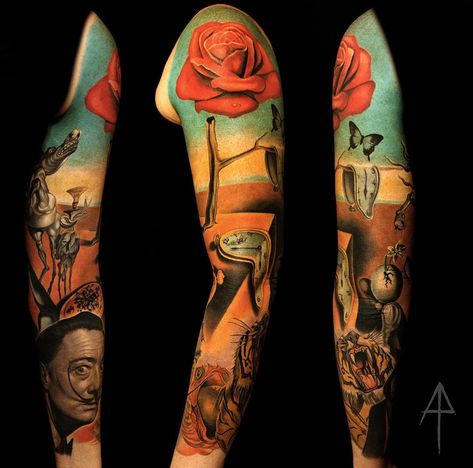 Aaron Peters Tattoo: Salvador Dali tattoo sleeve  #salvadordali #dali #surrealism Dali Tattoo Ideas, Salvador Dali Tattoo, Dali Tattoo, Artsy Tattoos, Surreal Tattoo, Dali Art, Horror Tattoo, Tattoo Arm, Tattoo Sleeve