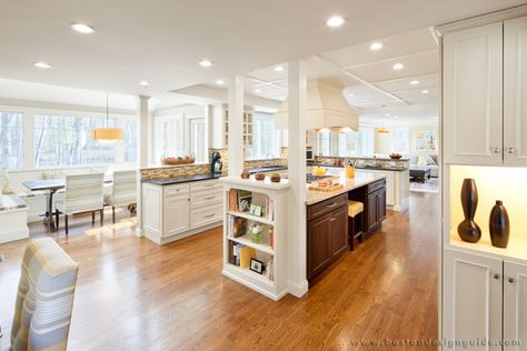 Feinmann, Inc. | High End Design Build Firm in the Greater Boston area | Boston Design Guide Kitchen In Middle Of House, Kitchen Family Room Combo, Open Floor Plan Kitchen, Kitchen Floor Plans, Built In Seating, Kitchen Designs Layout, Best Kitchen Designs, Kitchen Family Rooms, Gorgeous Kitchens