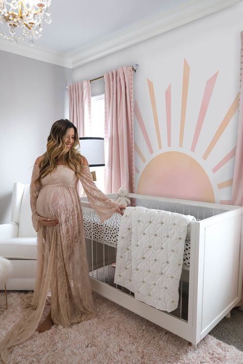 Corner Decor Nursery, Sun Behind Crib, Sun Wall Decals Nursery, Pink Sun Nursery, Moon And Sun Nursery, Sunshine Room Decor, Boho Sunshine Nursery, Sun Nursery Theme, Sun Themed Nursery