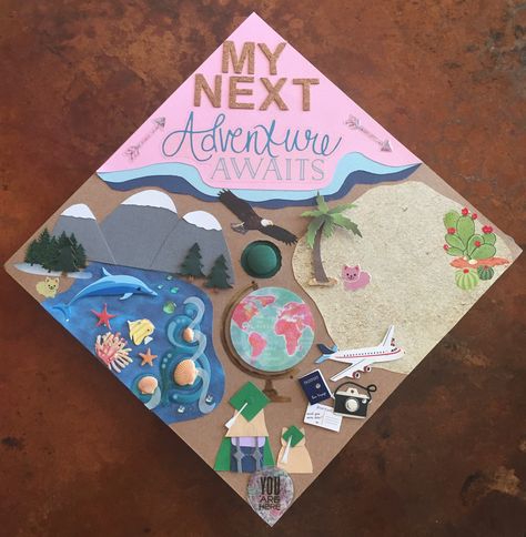 Onto The Next Adventure Grad Cap, On To My Next Adventure Grad Cap, Travel Grad Cap, Graduation Cap Decoration Diy, High School Graduation Cap, Senior Stuff, Grad Cap Designs, Graduation Party Themes, Senior Activities