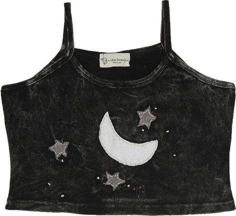 The handmade celestial moon crescent motif on this crop top calls out all the selenophiles, the lovers of the moon! Made with soft, breathable fabric, this crop top is perfect for summer days, warm nights, and festivals.  Pair it with high or low-waisted black pants or a flowy black skirt for a stylish and free-spirited look. #tlb #Sleeveless #Patchwork #Stonewash #Embroidered #vacationclothing #beachwrap #bohemianfashion #Handmade #gypsytanktop #summerhippietanktop #ribbedcottontanktop Lovers Of The Moon, Flowy Black Skirt, Hippie Tank Tops, Moon Made, Beach Bohemian, Tie Dye Hippie, Moon Crescent, Hippie Look, Bohemian Handmade