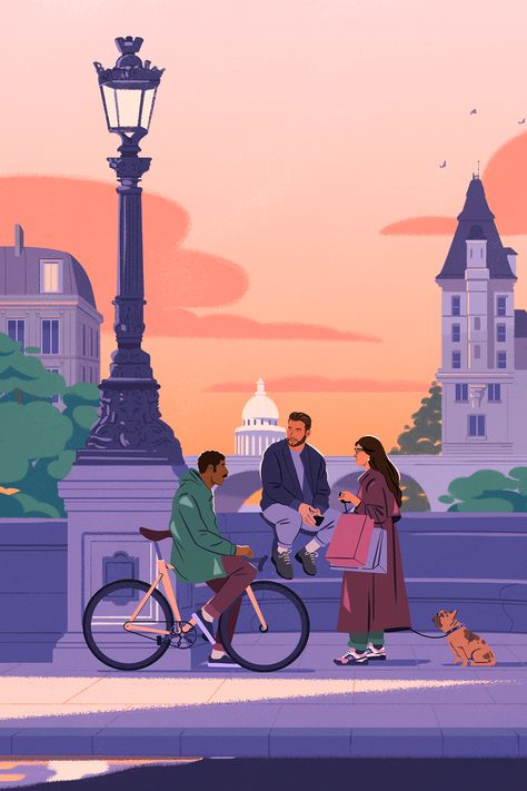 The stunning Designstudio has accompanied the newly developed visual identity for Eurostar. They asked Fagostudio to work on several illustrations from ambient and people in the heart of Paris. Capturing the nuances and details of everyday life in the city, with highlights on nature and local viewpoints. Three illustrations for use across the digital and print campaign. Enjoy them! 😊 2024 Sketchbook, Editorial Illustration Magazine, Beautiful Cinematography, Color Script, Lifestyle Illustration, City Illustration, Green City, Sketchbook Ideas, Architecture Illustration