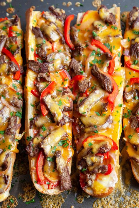 Cheesesteak Bread, Crusty French Bread, Sauteed Peppers And Onions, Sauteed Peppers, French Bread Pizza, Philly Cheese, Bread Pizza, Philly Cheesesteak, Juicy Steak