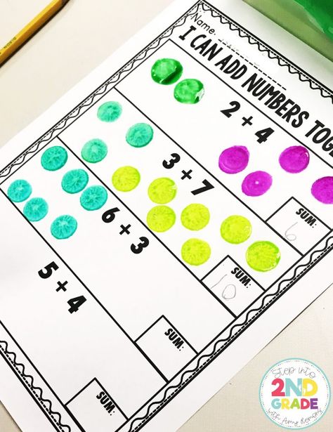 First Grade Addition Activity: Use paint dabbers to add Add To Subtract First Grade, 1st Grade Addition Activities, Addition Centers, First Grade Addition, Subtraction Centers, Centers First Grade, Addition Activity, Amy Lemons, Teaching Addition