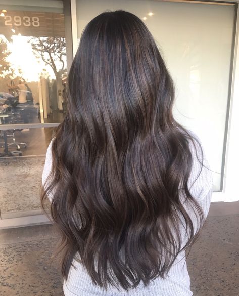 Loose Curls Dark Hair, Medium Brown Hair With Lowlights Dark, Dark Brown Dyed Hair Ideas, Lowlights For Asian Hair, Dark Hair With Medium Highlights, Baby Lights In Dark Brown Hair, Highlights For Dark Brown Hair Asian, Asian Lowlights, Long Dark Brown Hair With Lowlights