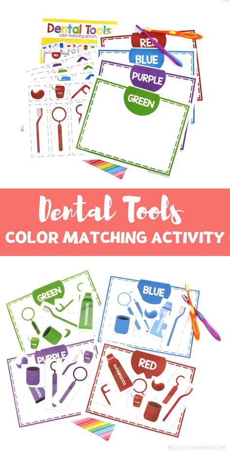 Dental Health Color Matching Activity Preschool Nurse Activities, Dentist Preschool Theme, Dental Week Activities For Toddlers, Dental Activities For Toddlers, Dental Health Gross Motor Activities, Dental Health Theme Preschool, Dental Math Activities For Preschool, Dentist Activities For Toddlers, Dentist Crafts For Toddlers