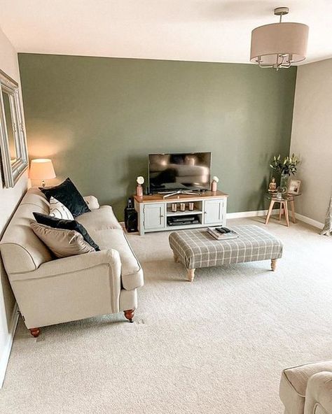 Living Room With Cream Carpet, Living Room Beige Carpet, Olive And Cream Living Room, Cream And Sage Living Room, Cream Lounge Ideas, Overtly Olive Living Room, Sage Green And Cream Living Room, Neutral And Green Living Room, Cream And Green Living Room