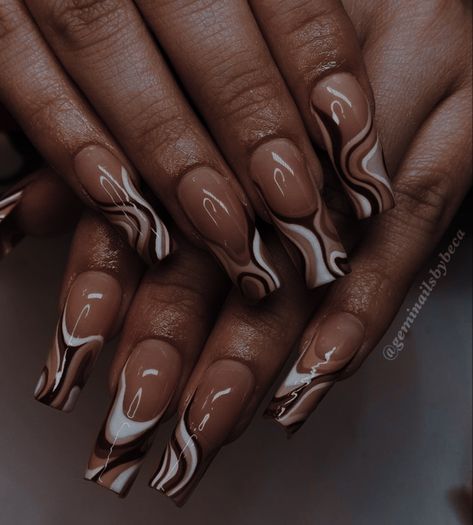 Brown Red Nails Design, Brown And Crème Nails, Older Lady Nail Designs, Brown And Pink Ombre Nails, Chocolate Bar Nails, Fall Color Nail Designs Autumn, Brown Monochrome Nails, Boho Western Nails Almond, Swag Nails Almond