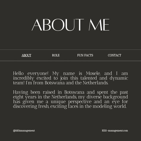 Meet the team. We are thrilled to be introducing our first new team member, Mosele. Her main role consists of managing bookings and scouting, making her a point of contact for both clients and models. She will additionally be assisting with our social media, so keep an eye out, you might be seeing a lot more of her. xx KKH #meettheteam #kkhmanagement #modelingagency Introducing Yourself On Social Media, Excited Face, Team Member, Meet The Team, An Eye, Model Agency, Social Media Manager, Hello Everyone, How To Introduce Yourself