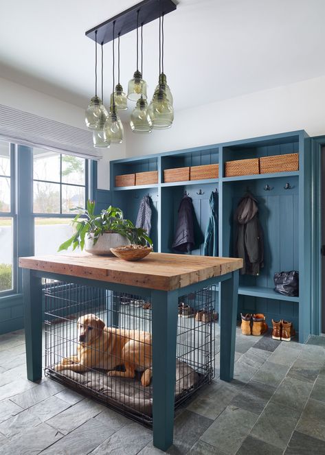 Creating Moods with Paint Colors - This Old House Dog Crate End Table Living Rooms, Dog Crate Island Kitchens, Dog Crate In Mudroom, Table Over Dog Kennel, Large Dog Crates In Living Room, Dog Area In Kitchen Island, Dog Kennel Ideas Indoor Small Space, Cute Kennel Ideas, Dog Crate Kitchen Table