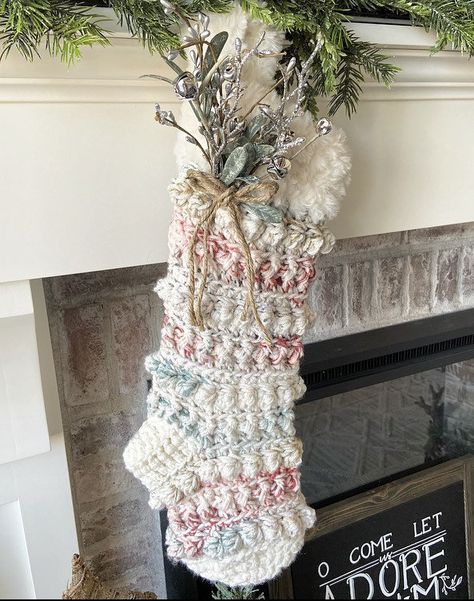 Stocking Patterns, Knitted Stocking, Rustic Christmas Stocking, Chunky Yarn Crochet, Crochet Dreams, Crochet Stocking, Rustic Christmas Decor, Crocheted Christmas, Crochet Christmas Stocking