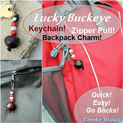 How to make a quick and easy lucky Ohio State University Buckeye key chain, zipper pull or backpack charm. Go Bucks! Buckeye Keychain Diy, Craft Ideas Using Buckeyes, Buckeye Crafts Ideas, Buckeye Jewelry, Ohio State Buckeyes Crafts, Buckeye Nut, Ohio State Crafts, Buckeye Crafts, Keychain Craft