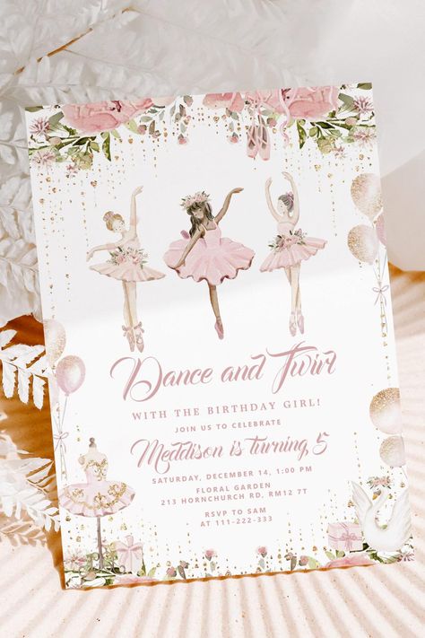 Dance and twirl ballerina blush pink birthday invitation Blush Pink Birthday, Blonde Ballerina, Fairy Birthday Themes, Ballerina Invitations, Ballerina Birthday Party, Pink Girl Birthday, Surprise Birthday Invitations, Ballerina Birthday Parties, Birthday Party Design