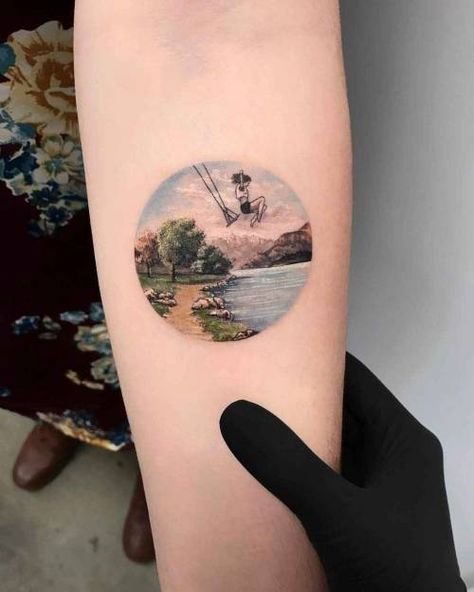 Tattoo artist Eva Krbdk color round tattoo watercolor graphic Swing Tattoo, Miniature Tattoos, Tato Minimal, Circle Tattoo, Shape Tattoo, Tattoo Henna, Landscape Tattoo, Muster Tattoos, Detailed Tattoo