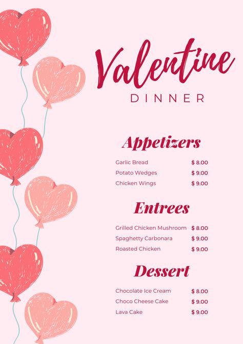 Soft Pink Minimalist Valentine Dinner Menu Valentines Dinner Menu Template, Galentines Dinner Menu Ideas, Valentine Menu Ideas, Valentines Menu Ideas, Valentine's Menu Ideas, Breakfast Menu Design, Galentines Day Ideas, Valentines Breakfast, Pink Minimalist