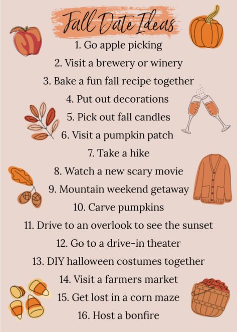 16 Fall Date Ideas Fall Solo Dates, Fall Date Ideas At Home, Fall Date Ideas, Dates Ideas, Halloween Planner, Fall Fun Food, Date Activities, Fall Dates, Fall Mood Board