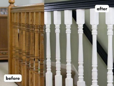 How To Work With The 90s Honey Oak In Your Home - The DIY Nuts Black Banister Wood Stairs, Painted Banister, Painted Stair Railings, Railing Makeover, Painted Staircase, Oak Banister, Black Stair Railing, Redo Stairs, Stair Railing Makeover