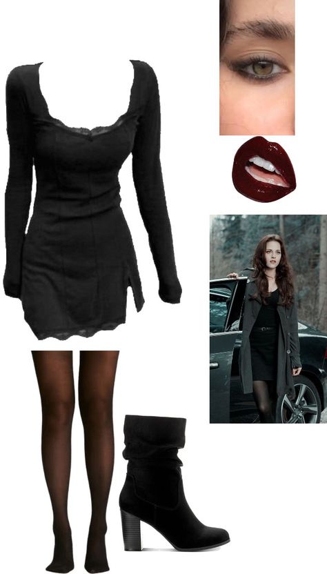 Causal Vampire Outfit, Bella Swan Outfit Vampire, Esme Cullen Outfits, Twilight Party Outfit, Simple Vampire Outfit, Twilight Outfits Ideas, Black Christmas Outfit, Bella Swan Outfit, Twilight Dr