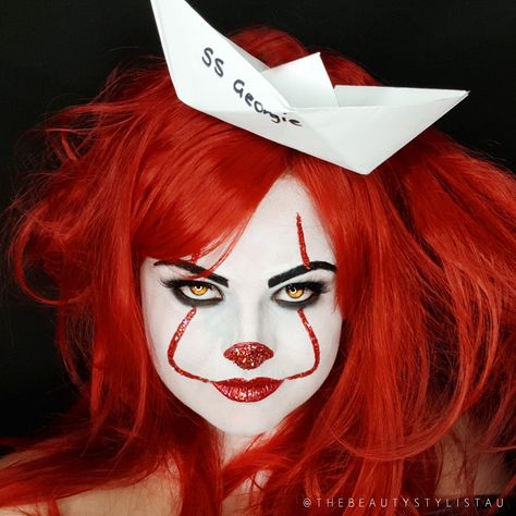 Glam Pennywise Halloween Makeup Pennywise Halloween Makeup, Female Pennywise Makeup, Diy Pennywise Costume For Women, Pennywise Costume Female Diy, Pennywise Costume Female, Pennywise Makeup, Halloween Makeup Diy, Scary Makeup, Halloween Makeup Scary