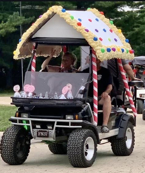 Christmas Parade Golf Cart Ideas, Gingerbread Golf Cart, Golf Cart Parade, Christmas In July Decorations, Golf Cart Decorations, Parade Ideas, Cart Ideas, Christmas Golf, Camp Site