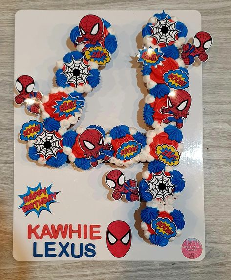 Number 4 Spiderman Cake, Number Cupcakes For Boys, Number 4 Cupcakes, 4 Cupcake Cake Number, Spider Man Cupcake Cake, Number 4 Cupcake Cake, 4 Cupcake Cake, Spider Man Cupcakes Ideas, Spiderman Cupcakes Ideas