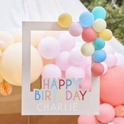 Birthday Photo Booth Frame, Balloon Centrepiece, Photobooth Frame, Colourful Party, Birthday Photo Booth, Rainbow Letters, First Birthday Balloons, Glamping Party, Party Fotos