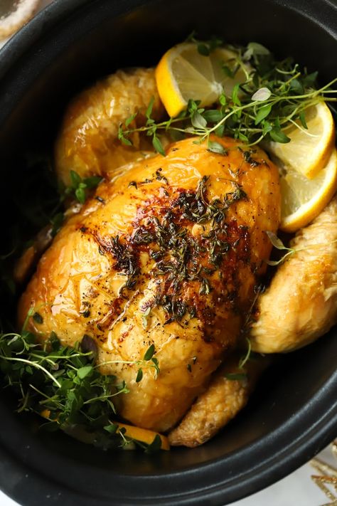 SLOW COOKER WHOLE CHICKEN - This Slow Cooker Whole Chicken recipe makes a brilliant alternative to your usual Roast Chicken. So simple, succulent and tasty. Put this on your menu for next Sunday! Pop it into your crock pot for a cooked joint without the fuss. #tamingtwins #slowcooker #slowcookerchicken #roastchicken #sundaylunch Roast Chicken In Slow Cooker, Best Whole Chicken Recipe, Slow Cooker Roast Chicken, How To Roast Chicken, Chicken In Slow Cooker, Slow Cooker Whole Chicken, Panini Recipes Chicken, Whole Chicken Recipe, Chicken With Lemon