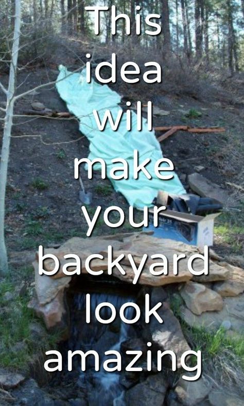 Building a waterfall down a slope Diy Yard Waterfall, Water Feature On Slope, Pondless Waterfall Diy How To Build, How To Make A Waterfall, Backyard Streams, Cascading Water Feature, Backyard Waterfalls, Backyard Stream, Outdoor Shower Fixtures