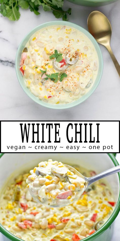 This Vegetarian White Chili is made with vegan cream cheese, super easy to make and seriously delicious. Spicy and comforting, the best meat-free white chili you will ever try. Also entirely plant based and gluten free. #vegan #vegetarian #contentednesscooking #chili #meatfree Vegan Chili Recipes, Vegetarian White Chili, Easy Vegan Chili, Instant Pot Vegan, White Chili, Eating Vegan, Vegan Party, Vegan Cream, Easy Chili